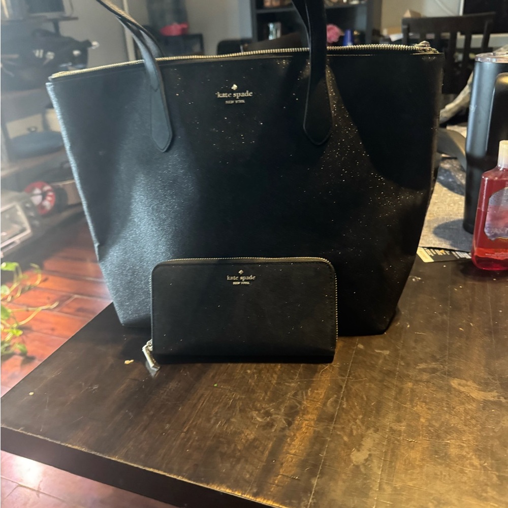 Kate Spade glitter Black Tote Bag and Wallet Set